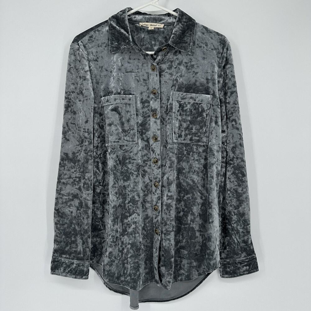 Indigo Thread Co Gray Velvet Button Up Shirt Medium Soft Grunge Boho Glam Luxe
